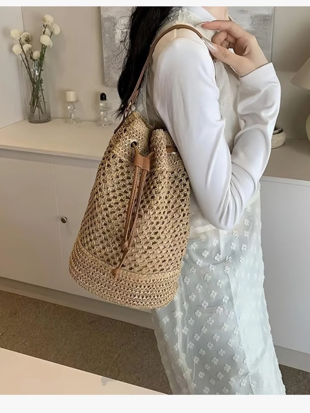 Woven Crossbody Bag, Straw Crossbody Bags for Women, Straw Bucket Bag, - Picture 2 of 6